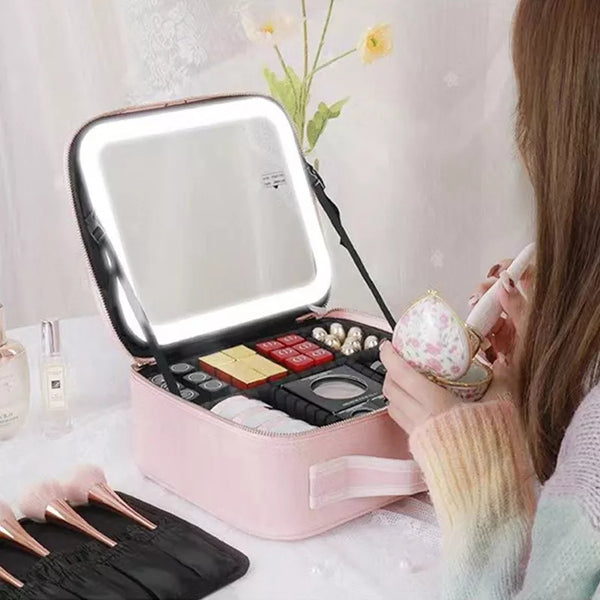 LED Lighted Cosmetic Case with Mirror Travel Makeup Storage Bags